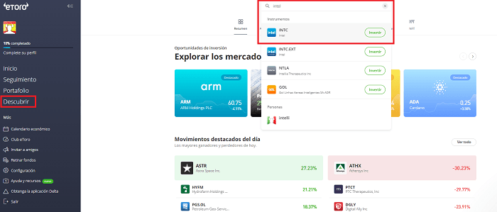 Pantalla descubrir Tutorial Plataforma de Inversión de eToro